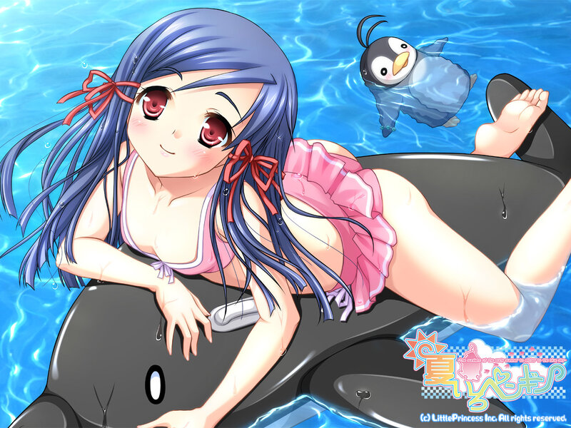 Anime girl in pool with penguin