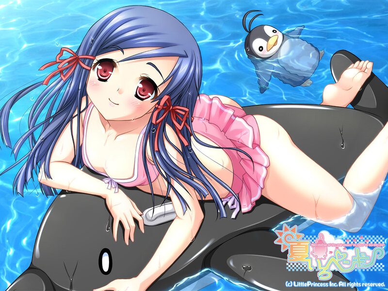 Anime girl in pool with penguin