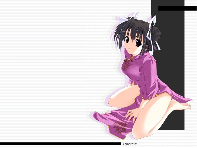 Anime Girl in Purple Dress — Calm, Hair Bow, Kneeling