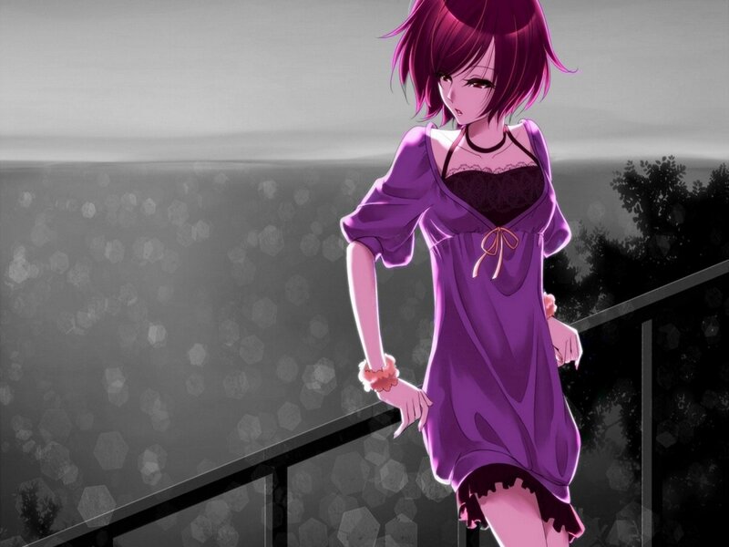 Anime Girl in Purple Dress — Dramatic, Night, Digital Art, Balcony