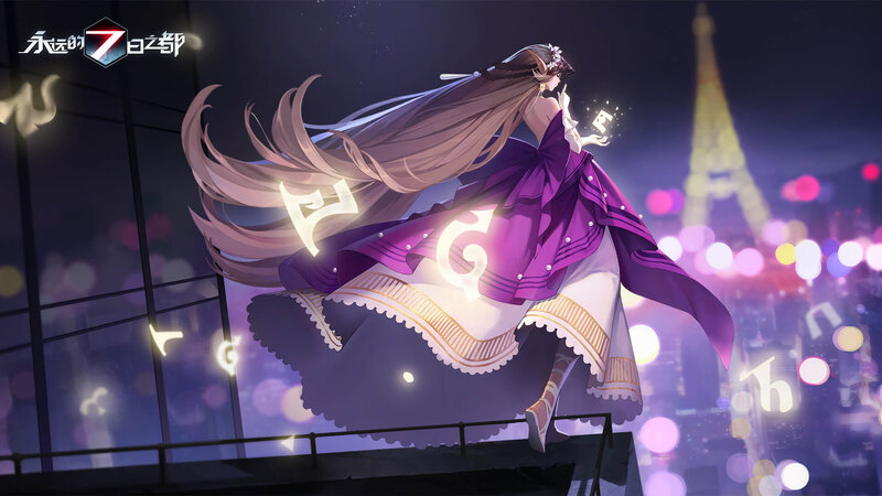 Anime Girl in Purple Dress — Dramatic, Night, Digital Art, Eiffel Tower