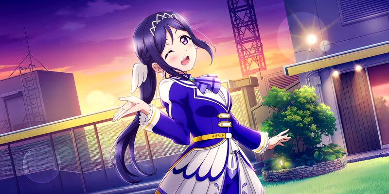 Anime Girl in Purple Dress — Dramatic, Sunset, Building