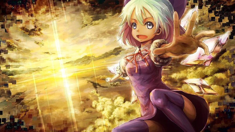 Anime Girl in Purple Dress — Dramatic, Sunset, Clouds