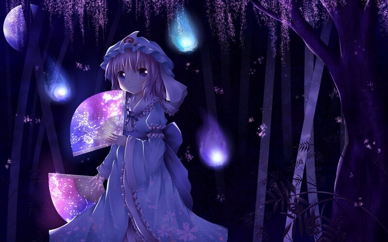 anime girl in purple forest