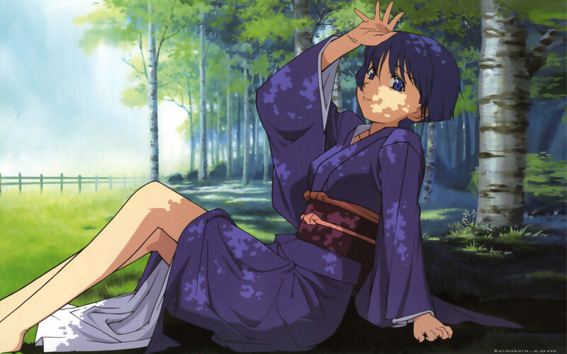 Anime Girl in Purple Kimono — Serene, Afternoon, Forest