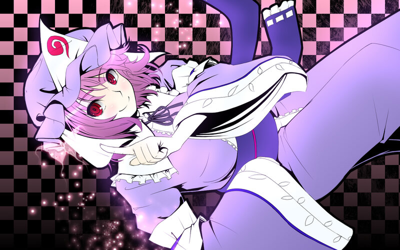 Anime Girl in Purple Outfit — Playful, Checkered Background