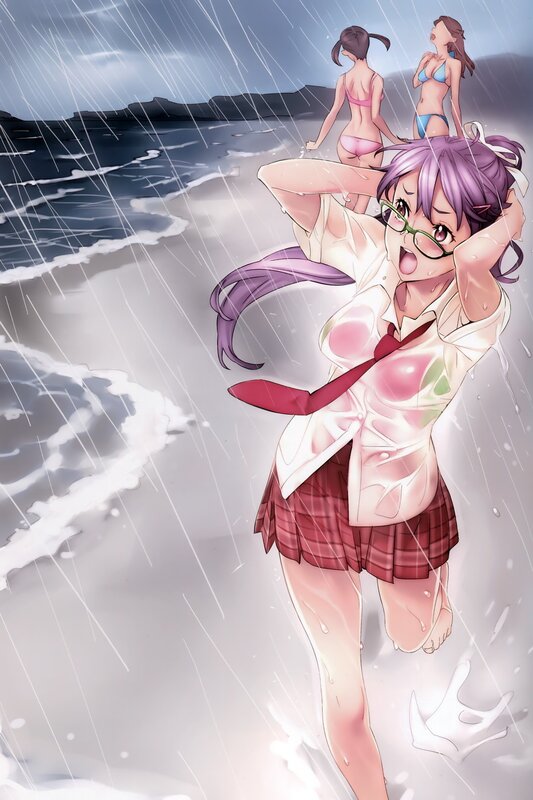 Anime girl in rain at beach