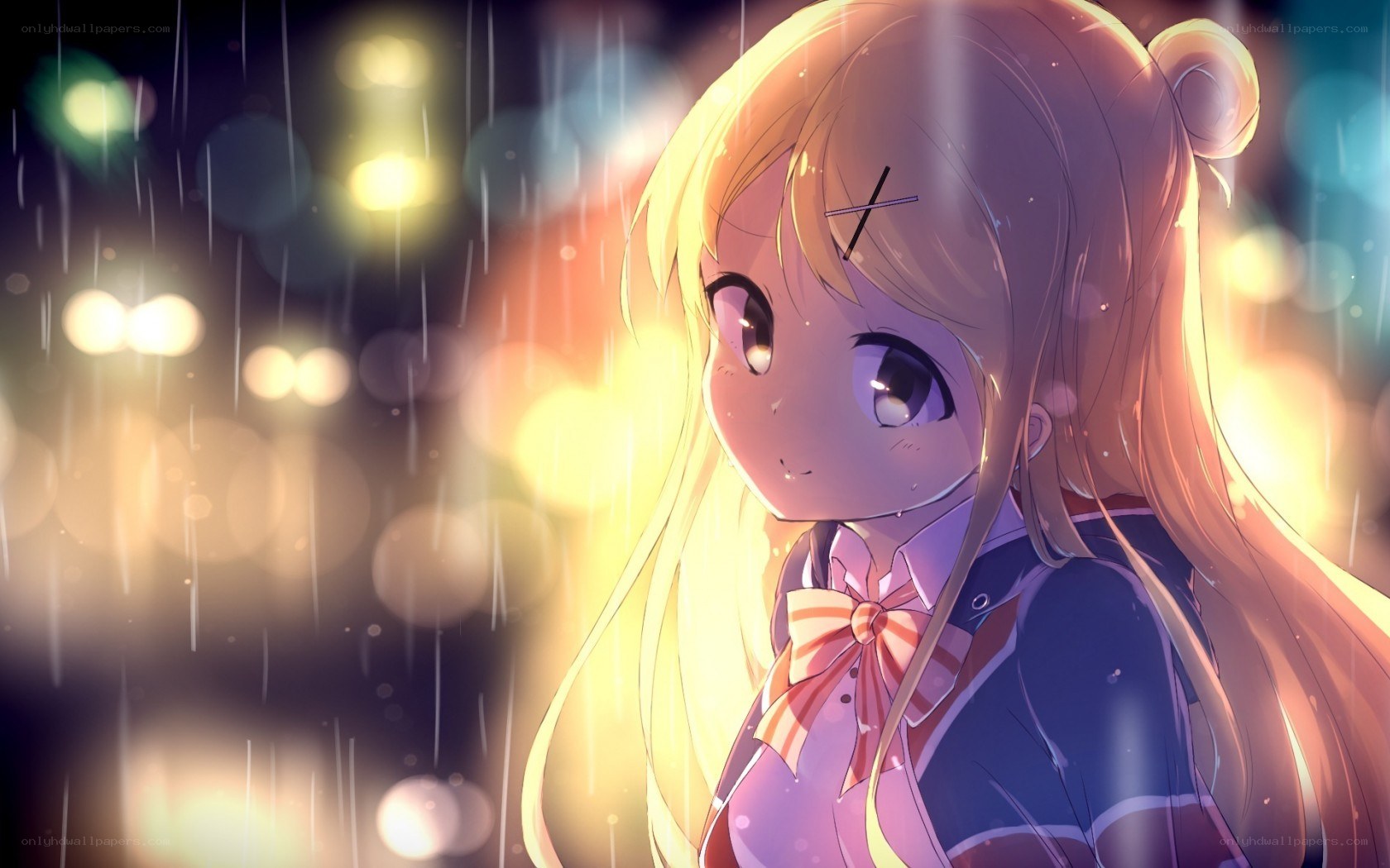 anime girl in rain at night