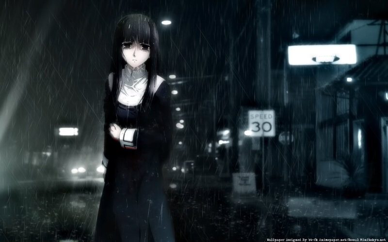 Anime Girl in Rain — Black, Dark, Night