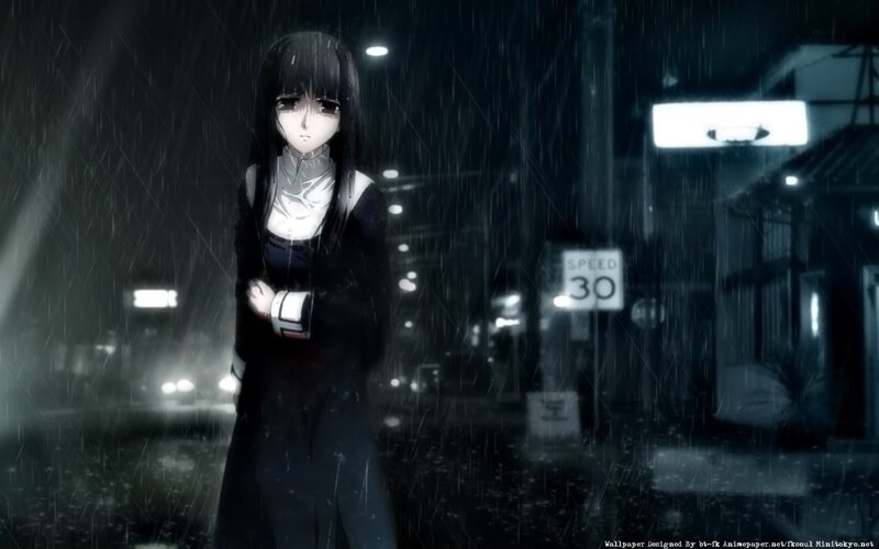 Anime Girl in Rain — Black, Dark
