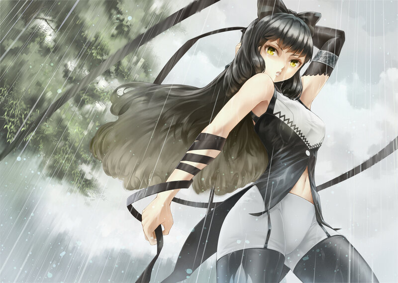 Anime Girl in Rain — Black, Dramatic, Forest