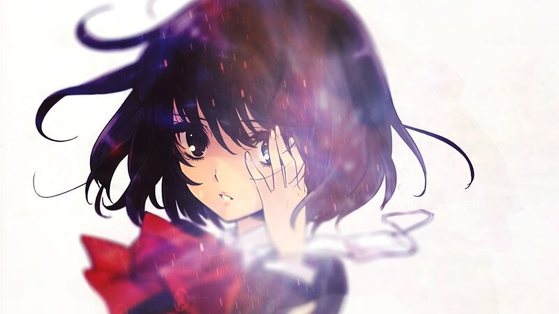 Anime Girl in Rain — Black, Dramatic, Hand, Red Bow