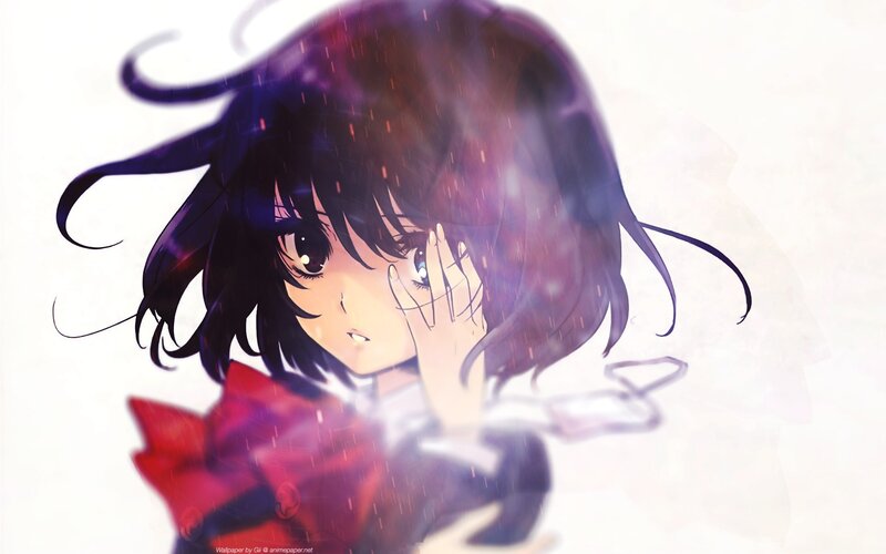 Anime Girl in Rain — Black, Dramatic, Hand, Red Bow, White
