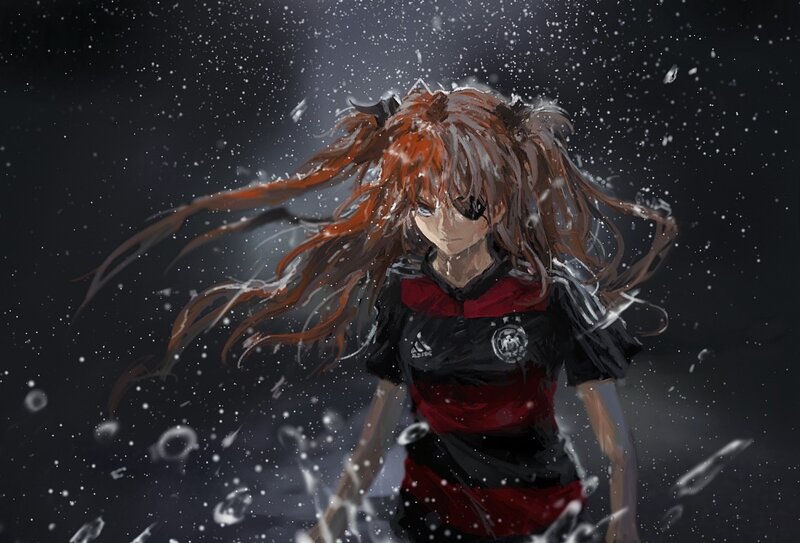 Anime Girl in Rain — Black, Dramatic, Night, Digital Art, Soccer Jersey