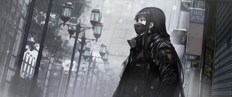 Anime Girl in Rain — Black, Dramatic, Night, Digital Art, Street Lamps