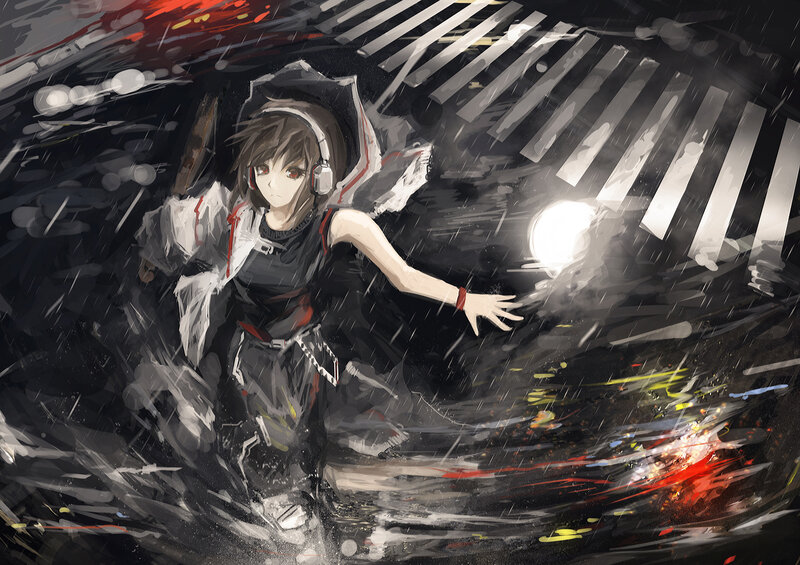 Anime Girl in Rain — Black, Dramatic, Night, Digital Art