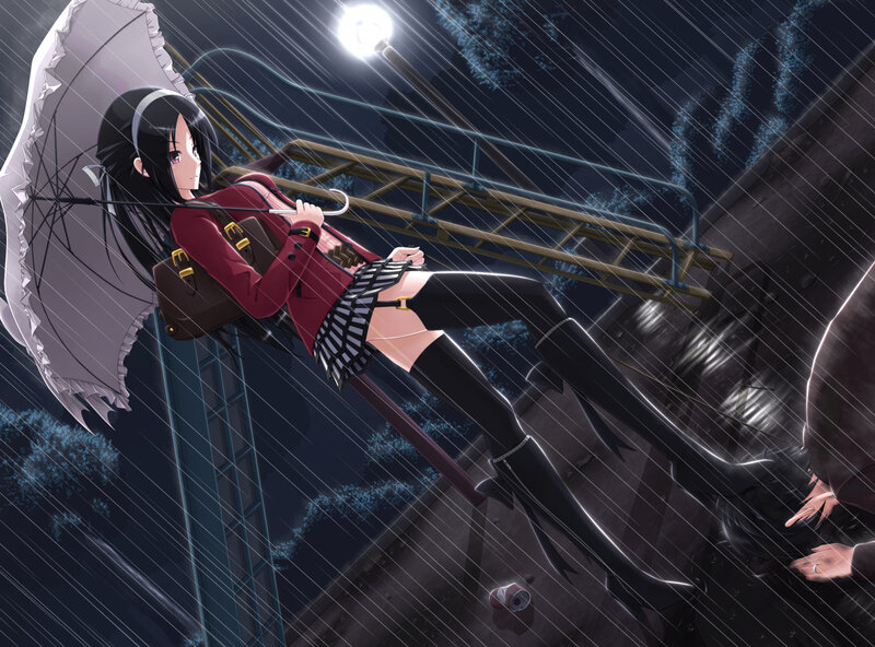 Anime Girl in Rain — Black, Dramatic, Night