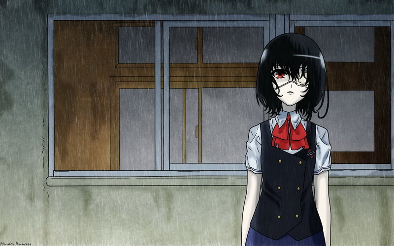 Anime Girl in Rain — Black, Dramatic, Night, Window, School Uniform