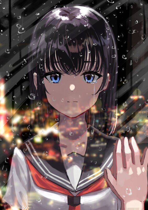 Anime Girl in Rain — Black, Melancholic, Night, Digital Art