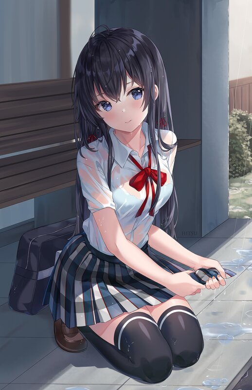 Anime Girl in Rain — Blue, Calm, Afternoon, Digital Art, School Uniform