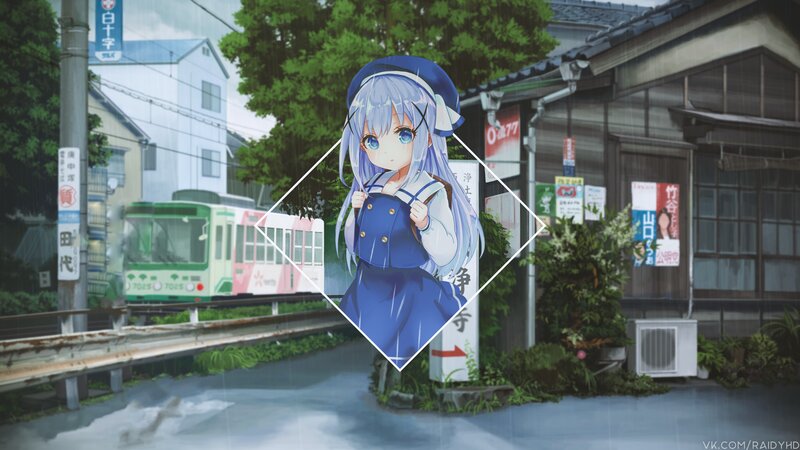 Anime Girl in Rain — Blue, Calm, Afternoon, Digital Art