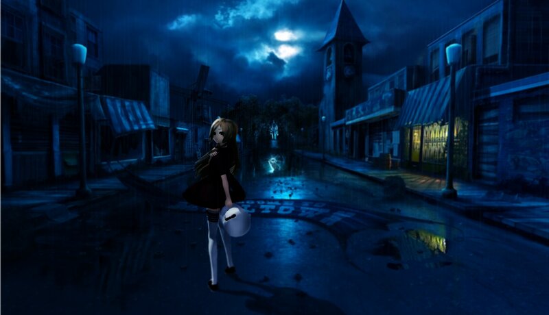 Anime Girl in Rain — Blue, Dark