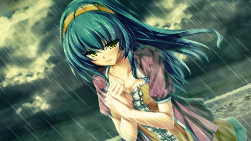 Anime Girl in Rain — Blue, Dramatic, Digital Art, Clouds, Ocean
