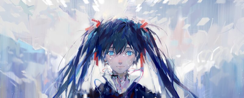 Anime Girl in Rain — Blue, Dramatic, Digital Art, Hair