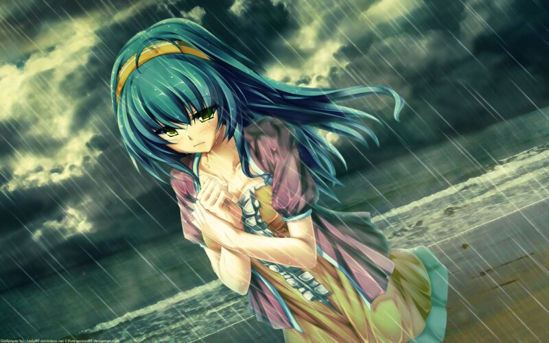 Anime Girl in Rain — Blue, Dramatic, Digital Art, Ocean