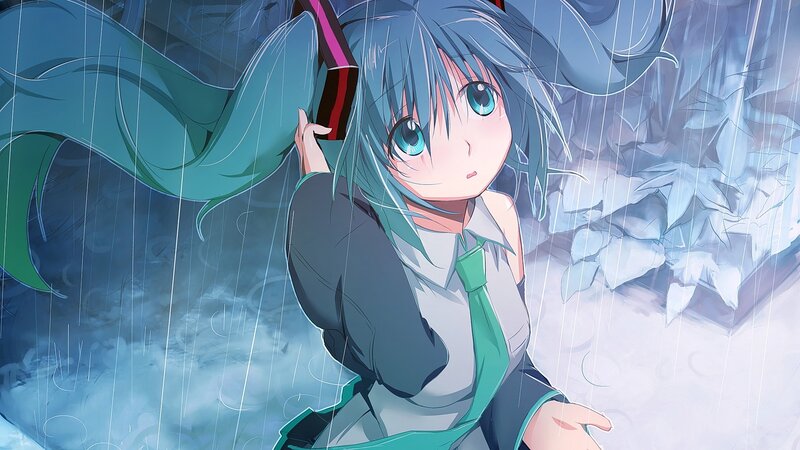 Anime Girl in Rain — Blue, Dramatic, Digital Art, School Uniform