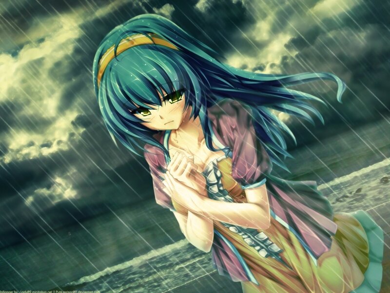 Anime Girl in Rain — Blue, Dramatic, Digital Art