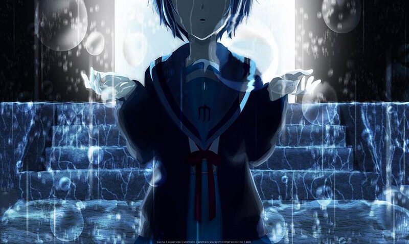 Anime Girl in Rain — Blue, Dramatic, Night, Bubbles