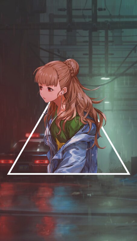 Anime Girl in Rain — Blue, Dramatic, Night, Digital Art, Car Lights
