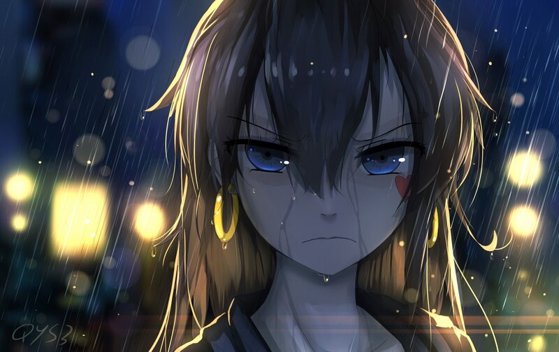 Anime Girl in Rain — Blue, Dramatic, Night, Digital Art, Lights