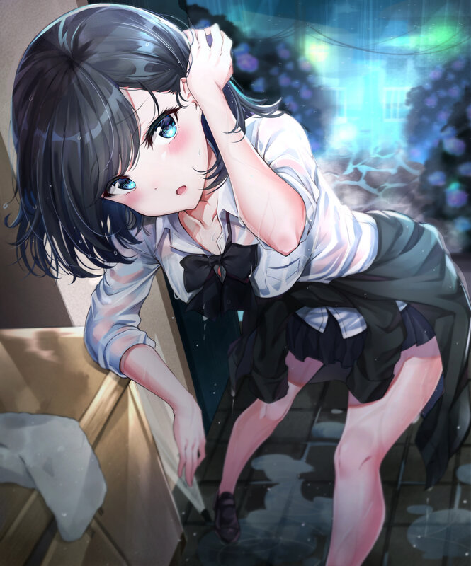 Anime Girl in Rain — Blue, Dramatic, Night, Digital Art, School Uniform, Umbrella