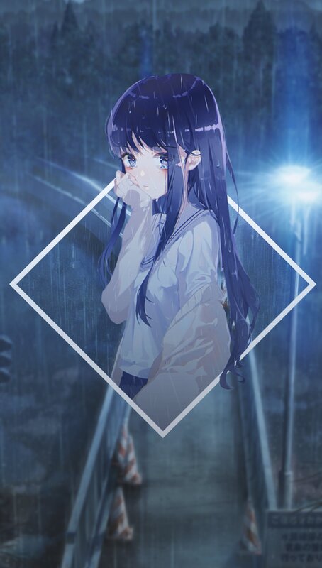 Anime Girl in Rain — Blue, Dramatic, Night, Digital Art, Street Light