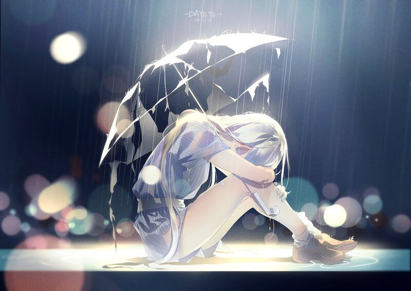 Anime Girl in Rain — Blue, Dramatic, Night, Digital Art, Umbrella, Bokeh
