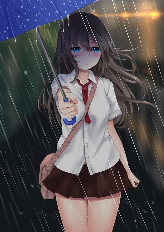 Anime Girl in Rain — Blue, Dramatic, Night, Digital Art, Umbrella