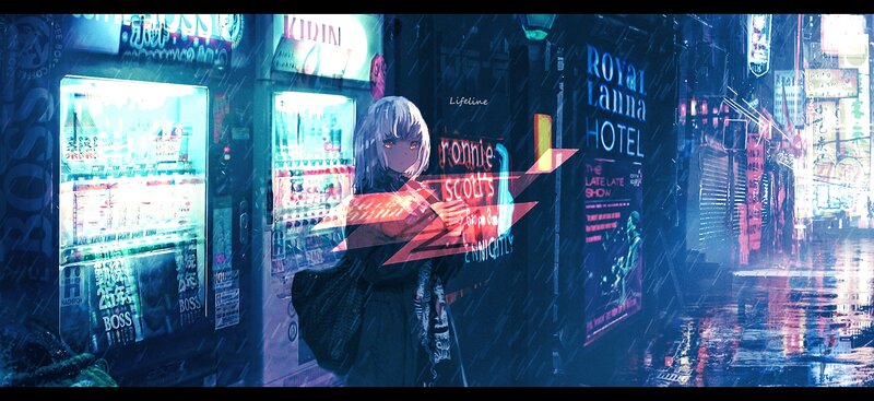 Anime Girl in Rain — Blue, Dramatic, Night, Digital Art, Vending Machines
