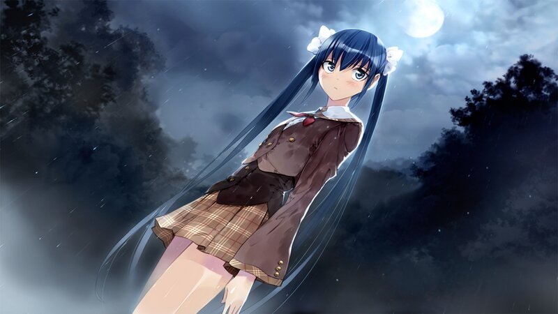 Anime Girl in Rain — Blue, Dramatic, Night, Moon