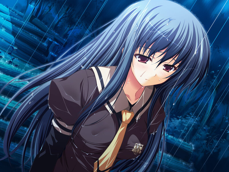 Anime Girl in Rain — Blue, Dramatic, Night, School Uniform, Long Hair