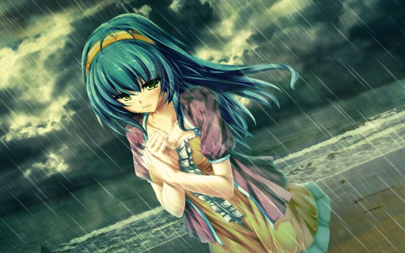 Anime Girl in Rain — Blue, Dramatic, Ocean, Stormy Sky