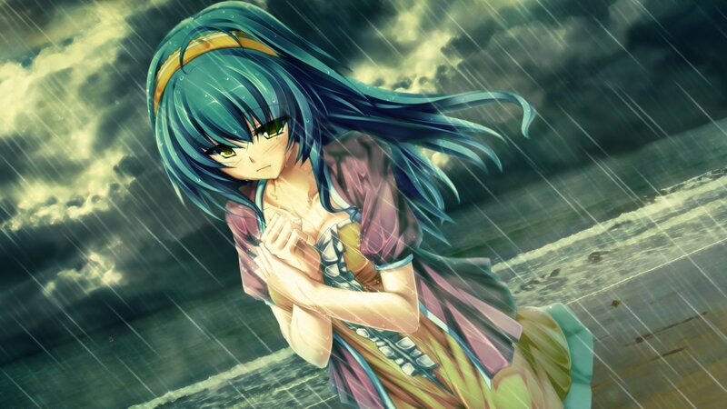 Anime Girl in Rain — Blue, Dramatic, Ocean