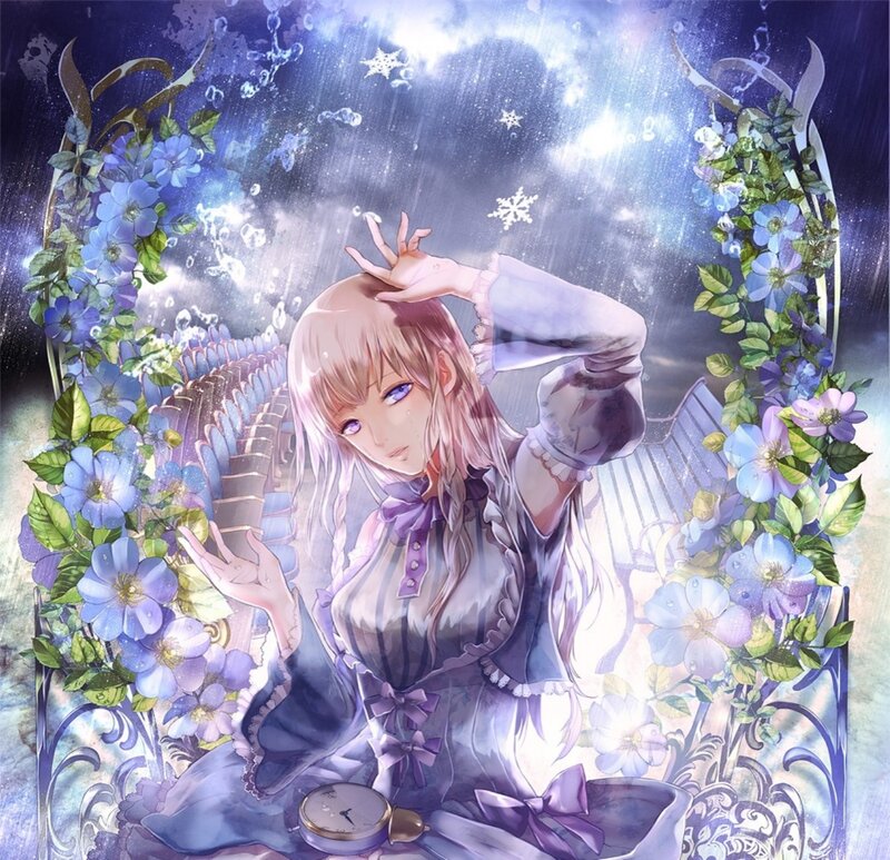 Anime Girl in Rain — Blue, Dreamy
