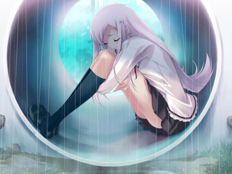 Anime Girl in Rain — Blue, Melancholic, Digital Art