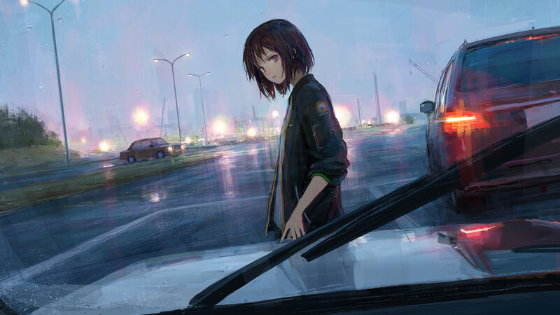 Anime Girl in Rain — Blue, Melancholic, Night, Digital Art, Car, Streetlights