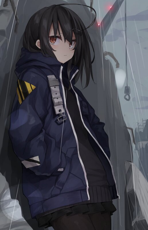 Anime Girl in Rain — Blue, Melancholic, Night, Digital Art, Jacket