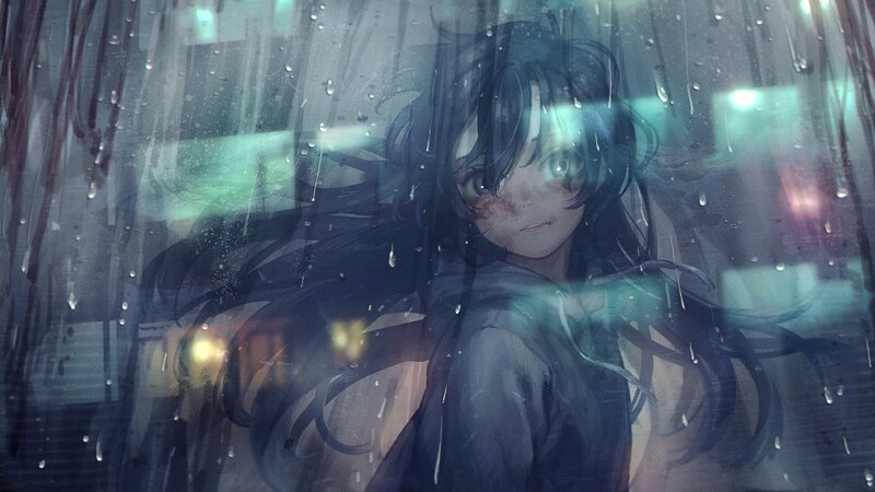 Anime Girl in Rain — Blue, Melancholic, Night, Digital Art, Window