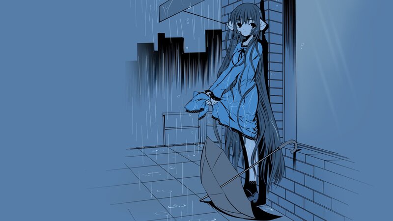 Anime Girl in Rain — Blue, Melancholic, Night, Manga