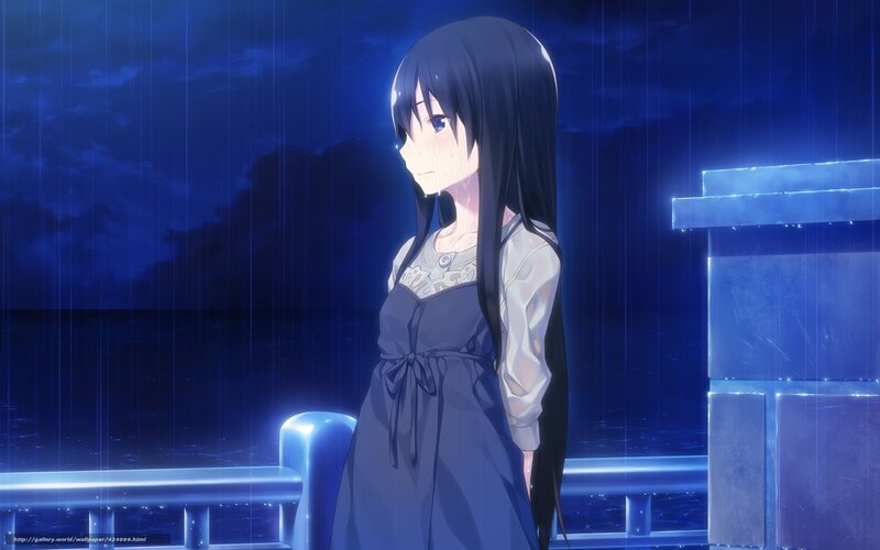Anime Girl in Rain — Blue, Melancholic, Night, Rail